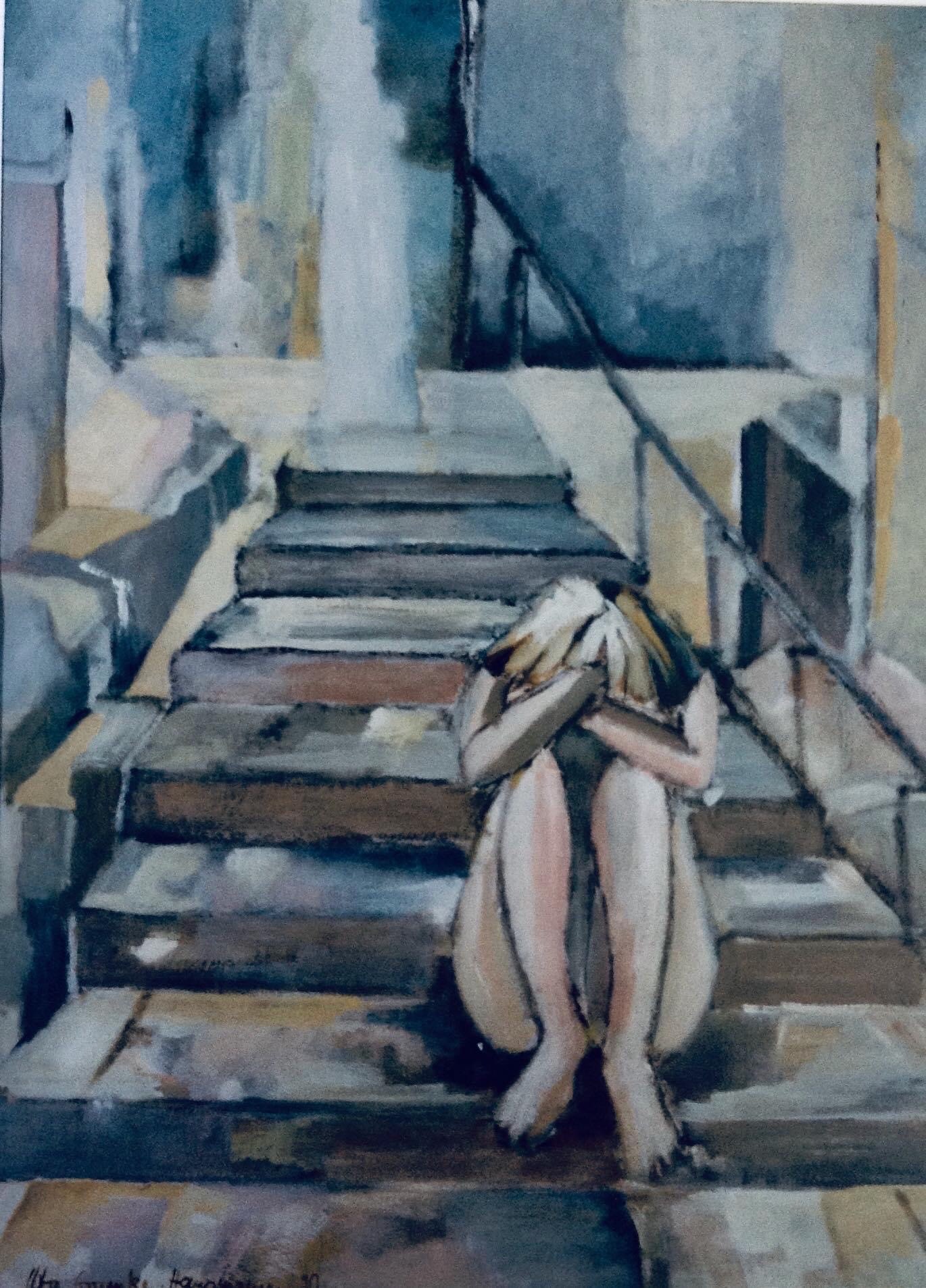 Wo;an on stairs
